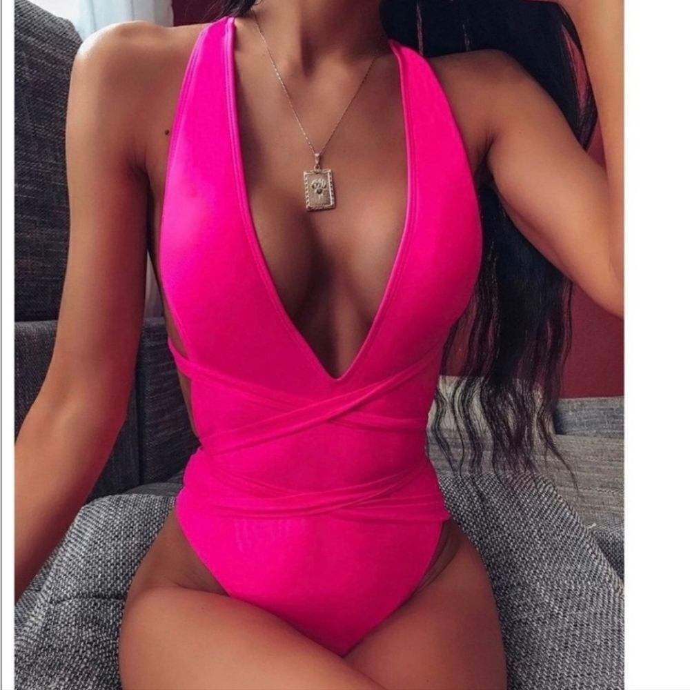 New! Barbie Pink Wrap Criss Cross V Neck Brazilian Monokini Swimsuit